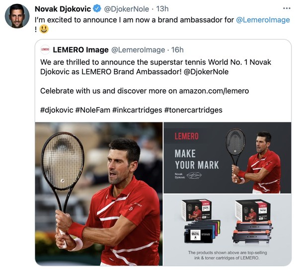 Novak Djokovic announced he has been a brand ambassador for LEMERO on Twitter.