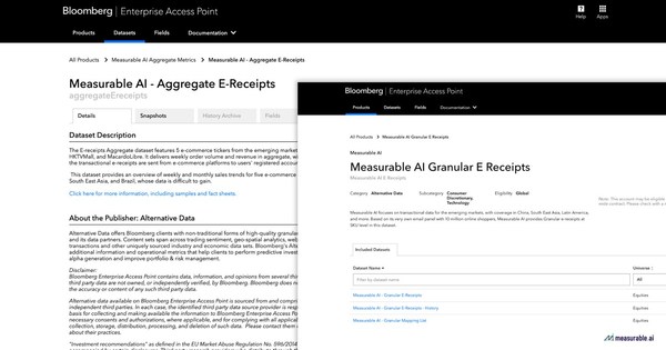 Screenshot of Measurable AI data offerings on Bloomberg’s Enterprise Access Point