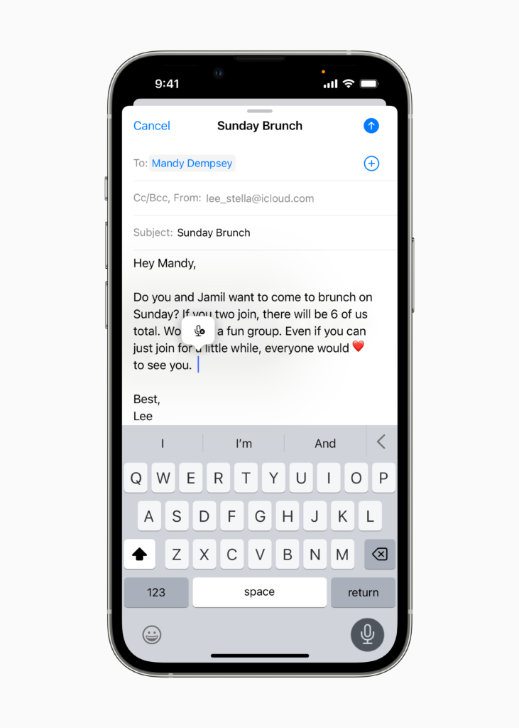 Apple WWDC22 iOS16 Dictation in Mail 220606