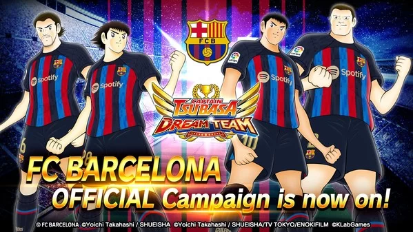 captain tsubasa dream team debuts new players including tsubasa ozora and rivaul wearing official fc barcelona uniforms