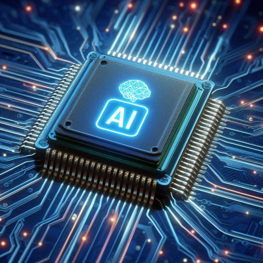 an illustrated image of a chip with an AI label on it powering a security system