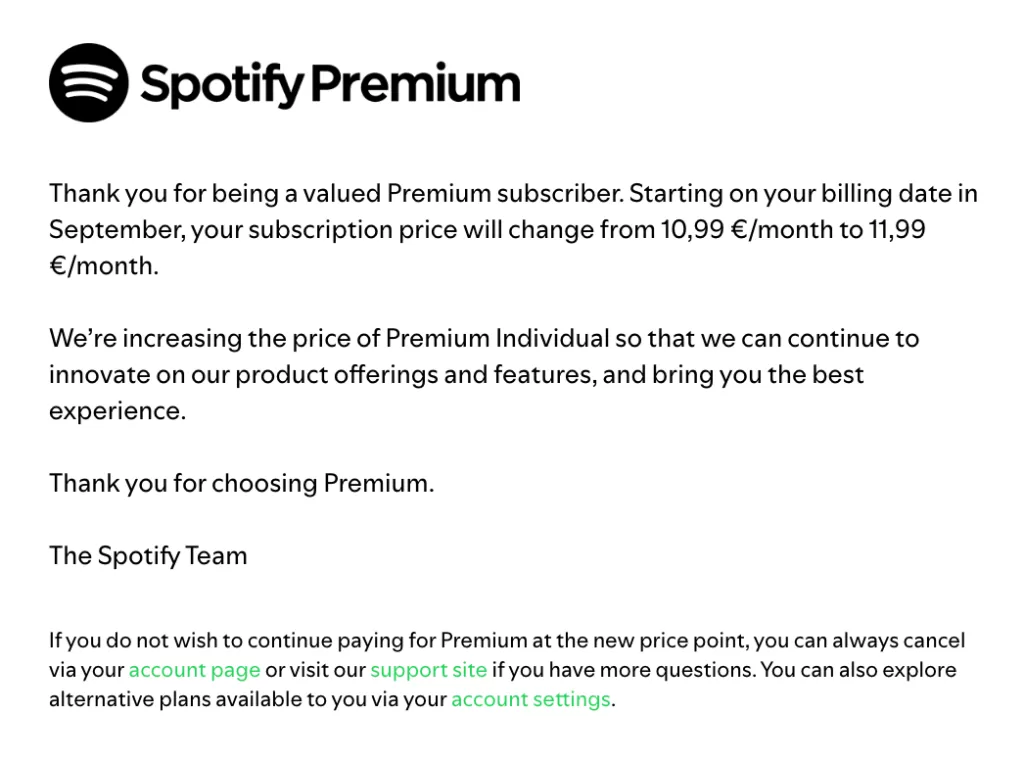 Spotify Email Price Increase 2025