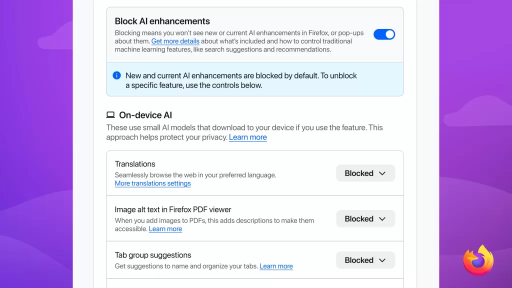 Blocking AI enhanced features in Firefox AI controls Cropped scaled