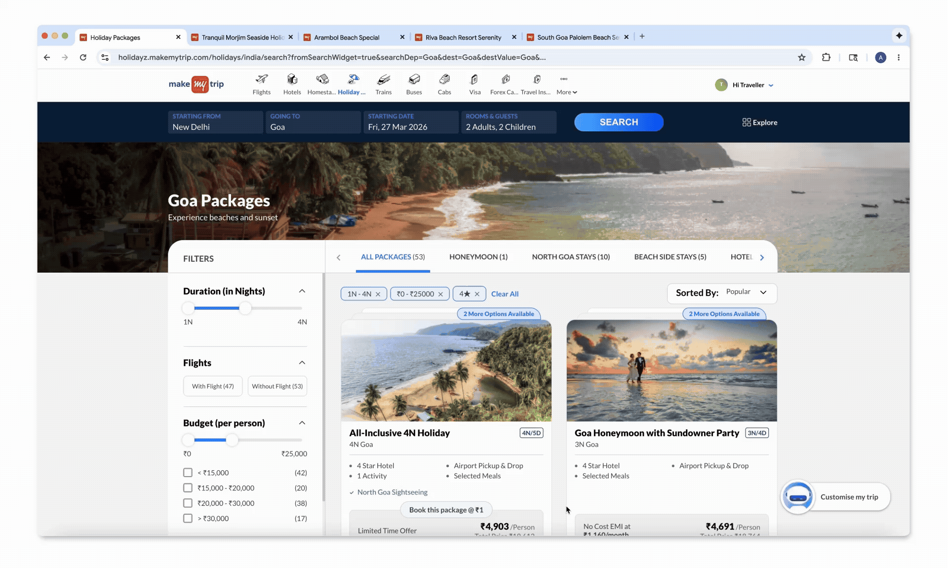 Chrome Gemini in Chrome Multi tab Make my trip