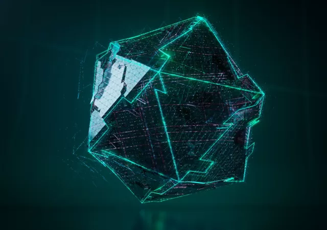 futuristic digital geometric shape with neon glow